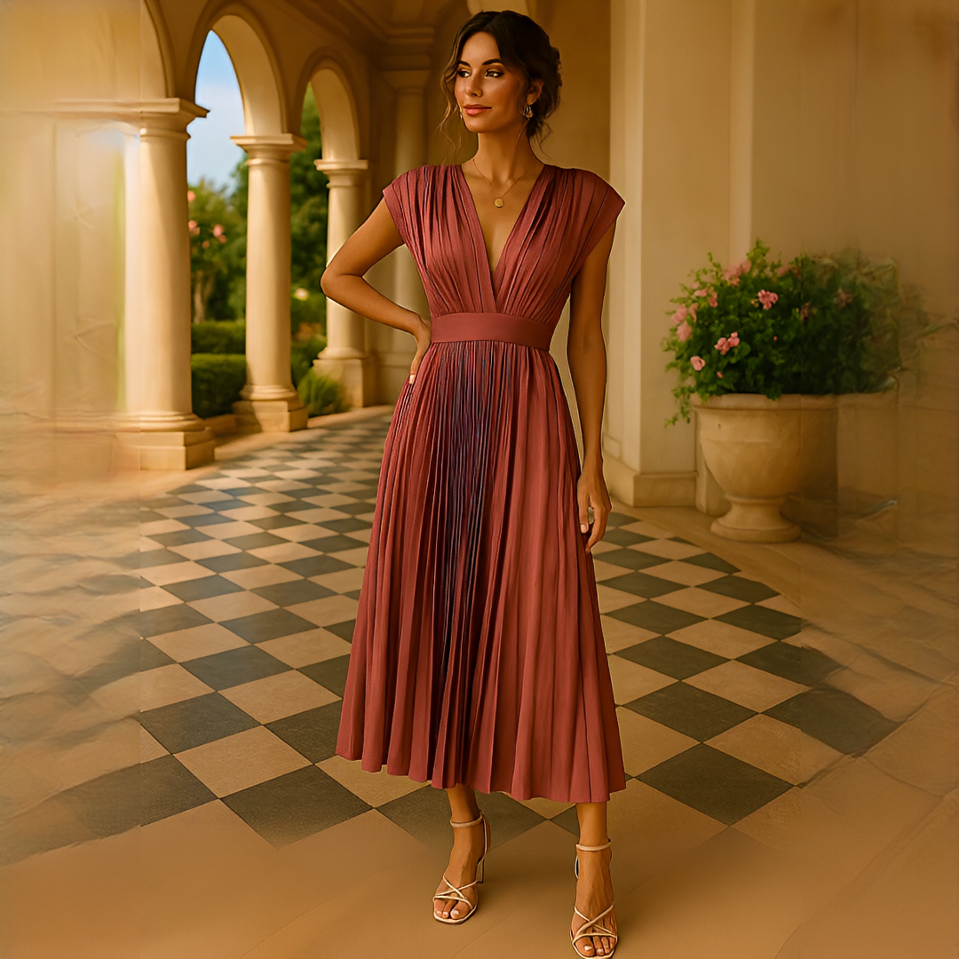 Elvira - Elegantes Midi-Kleid mit V-Ausschnitt und Falten