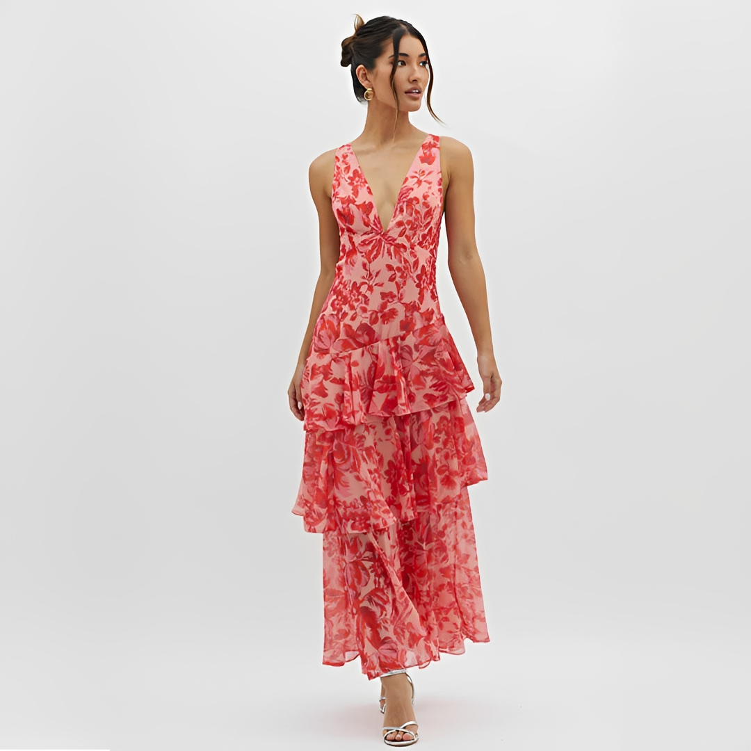 Faye - Elegantes Fließendes Kleid mit V-Ausschnitt und offenem Rücken