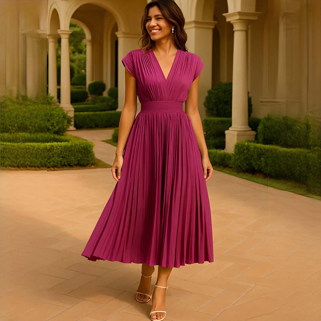 Elvira - Elegantes Midi-Kleid mit V-Ausschnitt und Falten