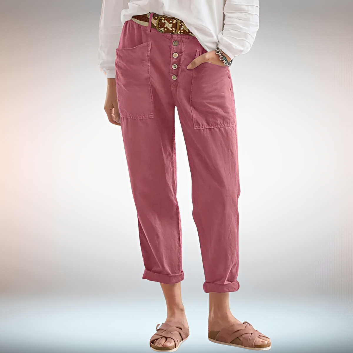 Rhonwen - Stilvolle, leger geschnittene Hose mit Knöpfen