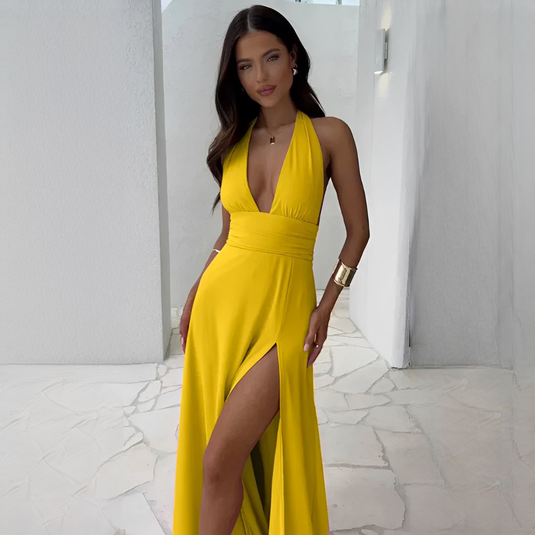 Fiona - Stilvolles Damenkleid mit V-Ausschnitt und Schlitz