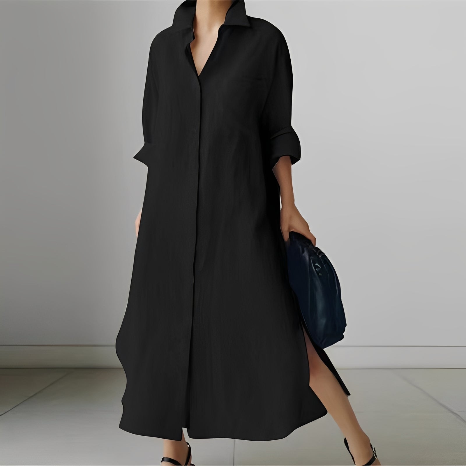 Nancy - Lockeres Midi-Kleid im Hemdstil mit Schlitz für Damen