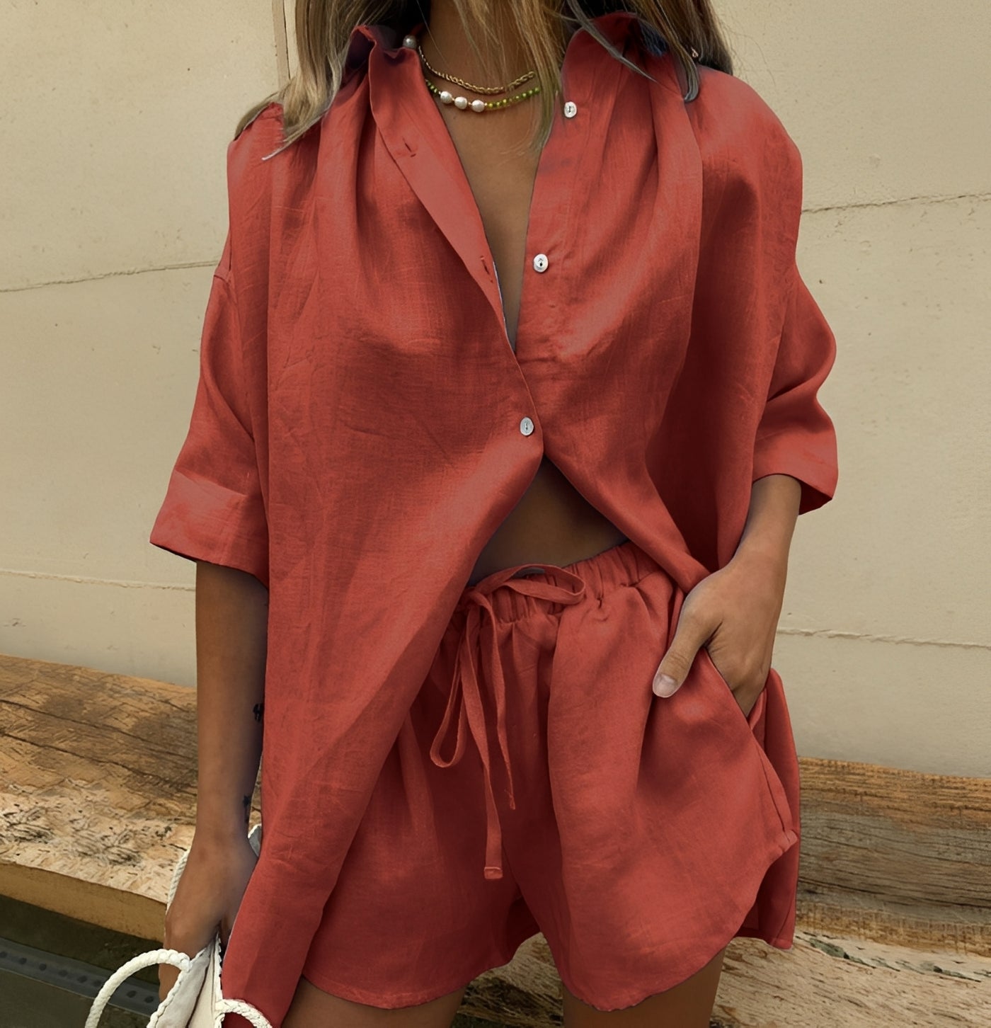 Abbie - Lässiges Set aus lockerem Hemd und Shorts für Damen