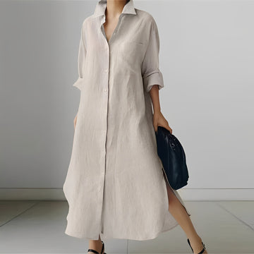 Nancy - Lockeres Midi-Kleid im Hemdstil mit Schlitz für Damen