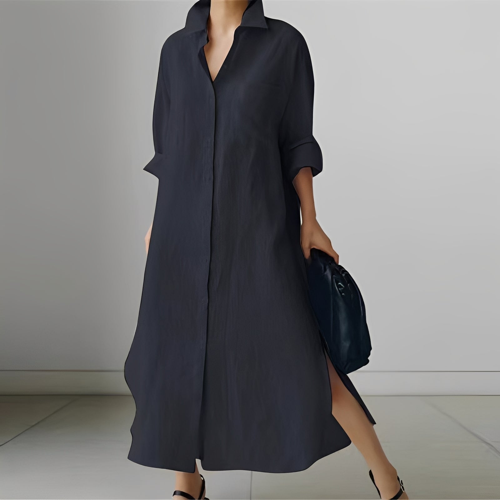 Nancy - Lockeres Midi-Kleid im Hemdstil mit Schlitz für Damen