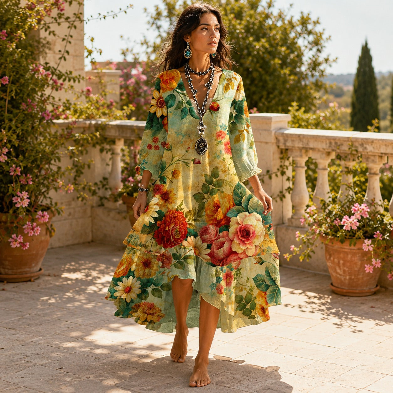Amanda - Entspanntes Langärmeliges Fließendes Kleid