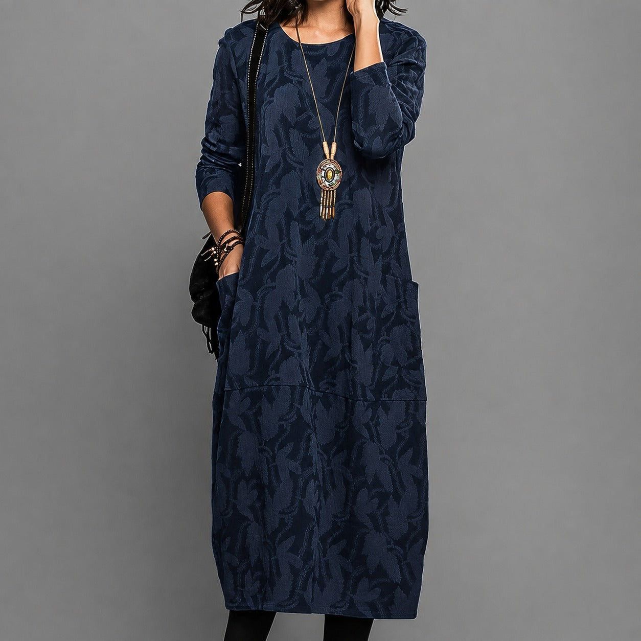 Alisha - Bedrucktes Midi-Kleid mit langen Ärmeln