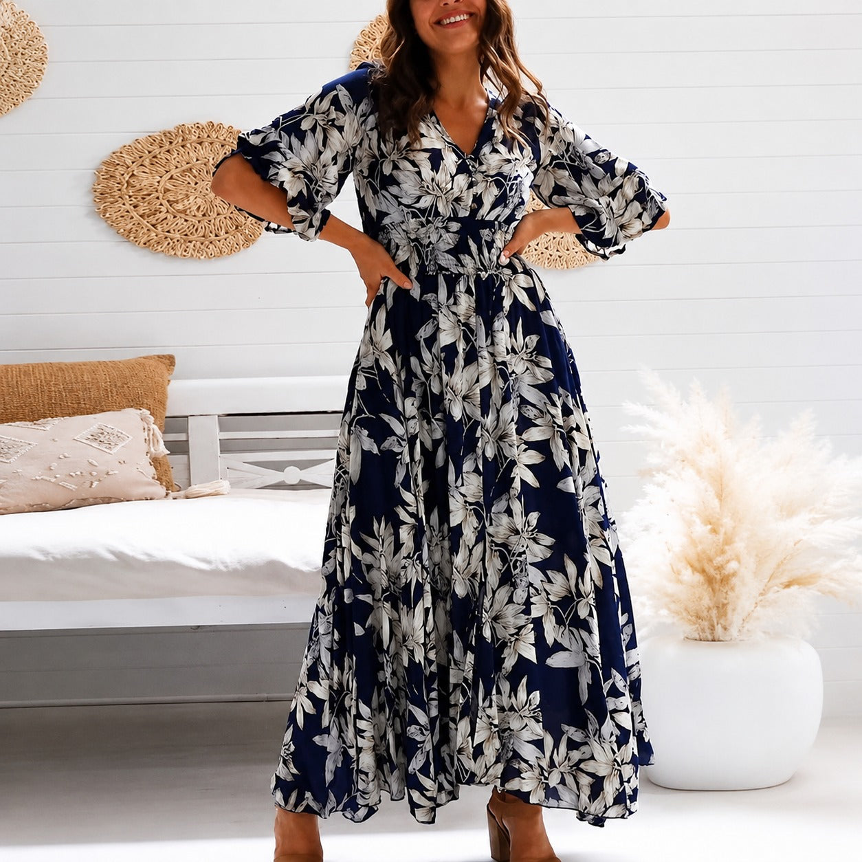 Michaela - Stilvolles Lockeres Florales Midikleid