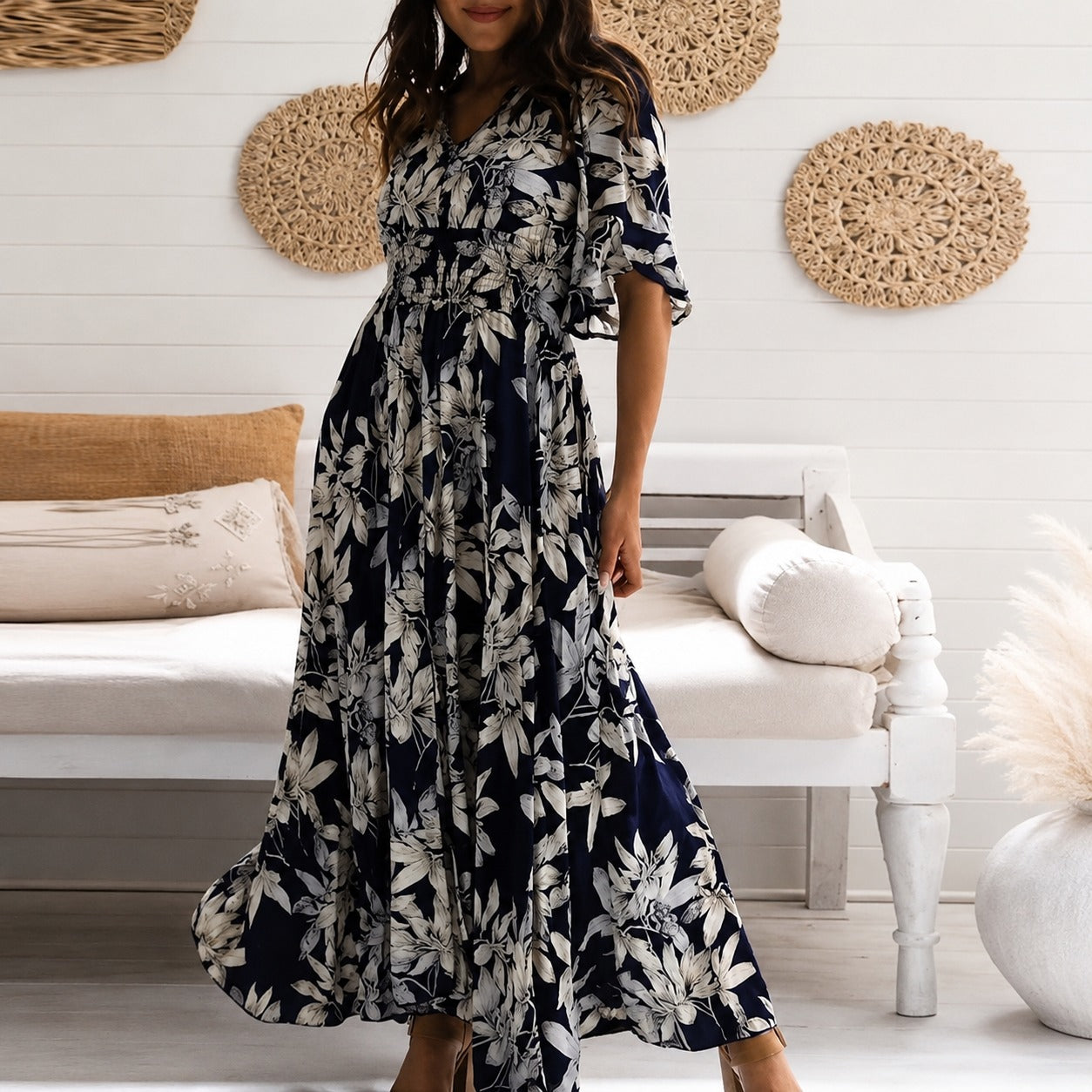 Michaela - Stilvolles Lockeres Florales Midikleid