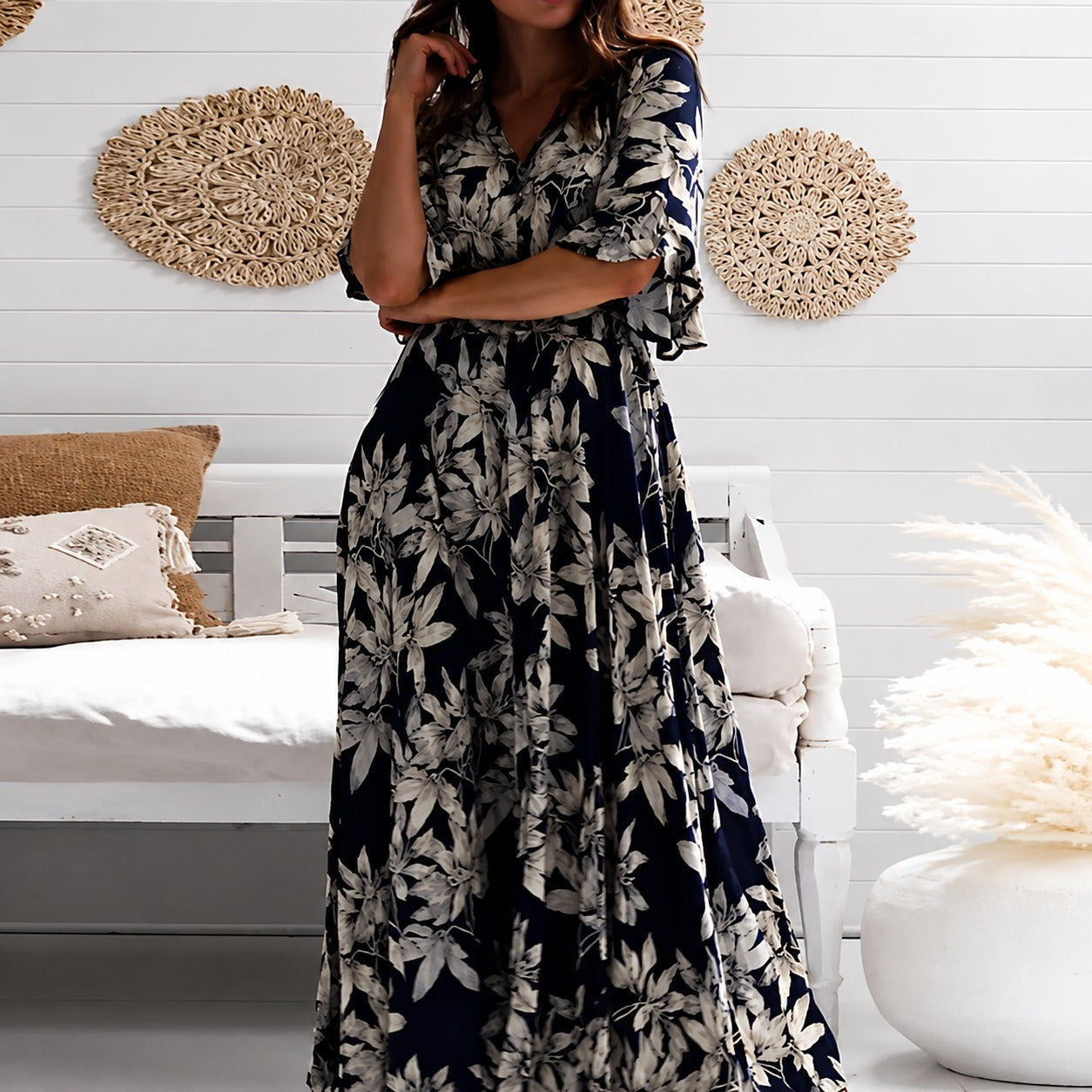 Michaela - Stilvolles Lockeres Florales Midikleid
