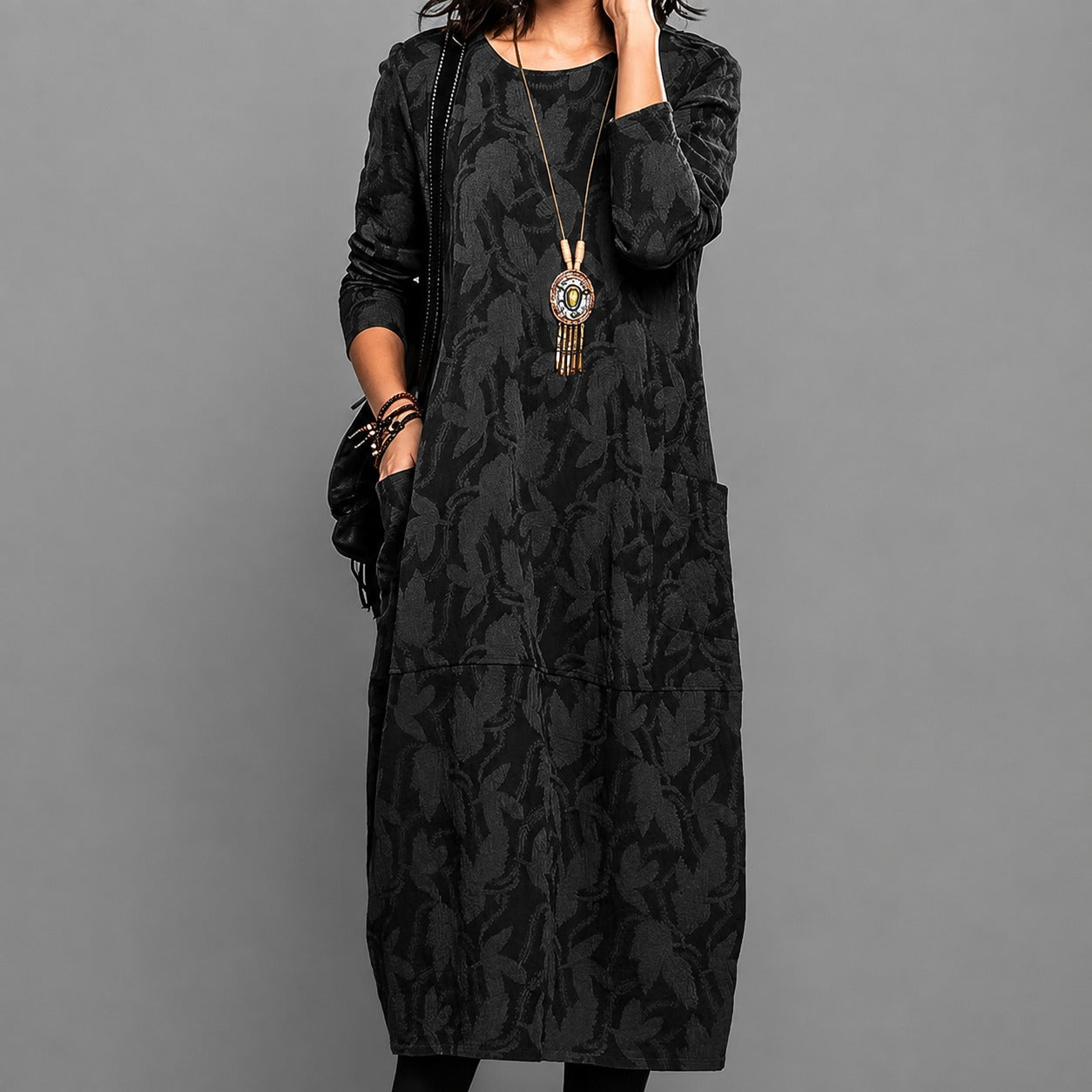Alisha - Bedrucktes Midi-Kleid mit langen Ärmeln