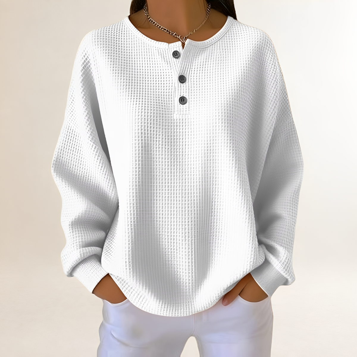 Damen bequemer Pullover mit Henley-Knopfleiste - Relaxte Passform, Waffelstruktur