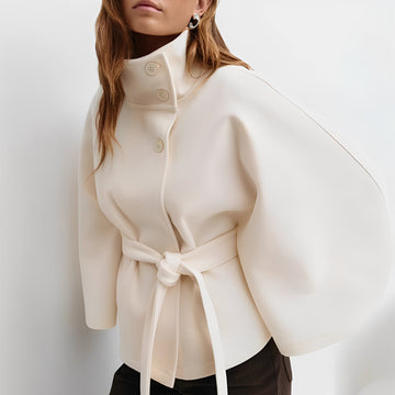 Damen-Übergangsjacke im Cape-Design mit Gürtel, Stehkragen und Knopfverschluss – Lockere Passform