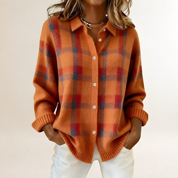 Damen Cardigan mit Knopfleiste, Karo-Muster, lockerer Schnitt, langärmlig