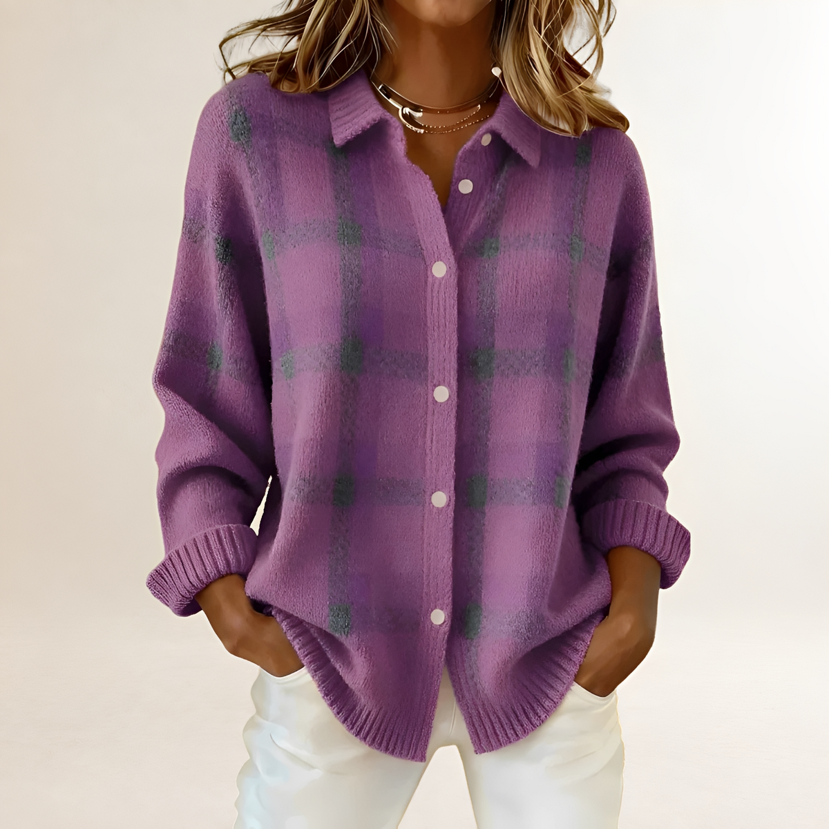 Damen Cardigan mit Knopfleiste, Karo-Muster, lockerer Schnitt, langärmlig