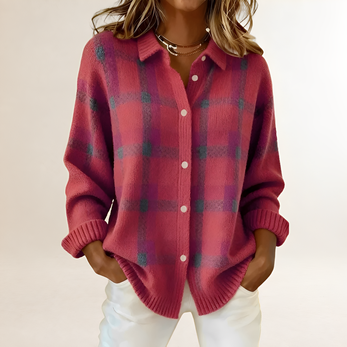 Damen Cardigan mit Knopfleiste, Karo-Muster, lockerer Schnitt, langärmlig