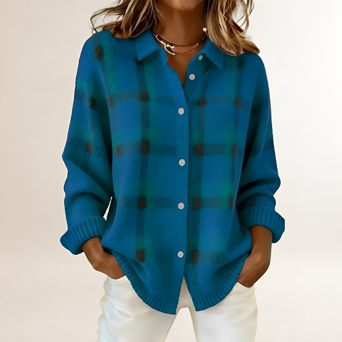 Damen Cardigan mit Knopfleiste, Karo-Muster, lockerer Schnitt, langärmlig