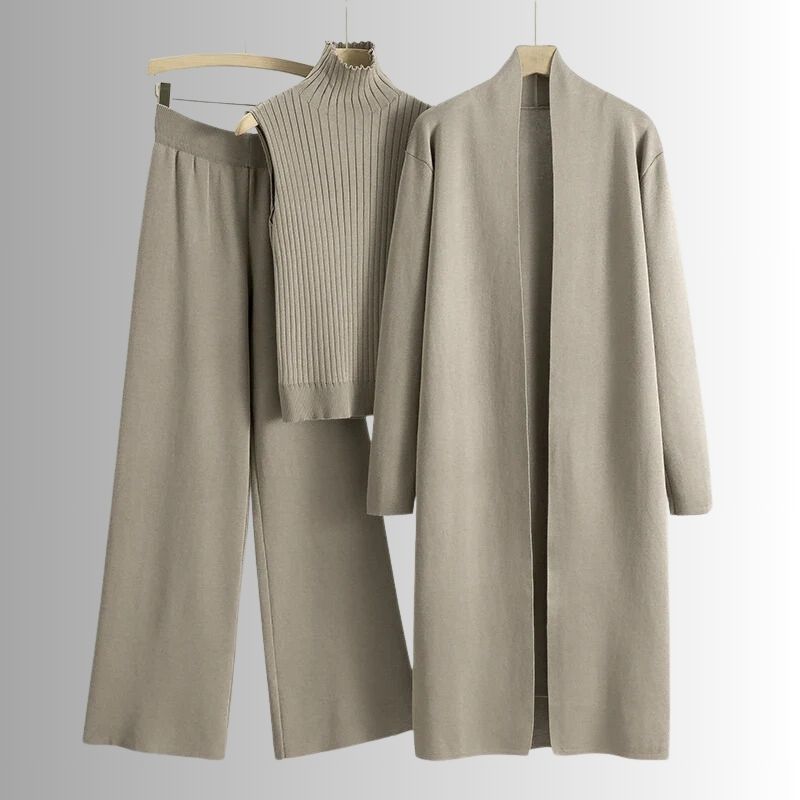 Damen Dreiteiler Set Relaxed Fit Rippoberteil und Weite-Hose mit Jacke