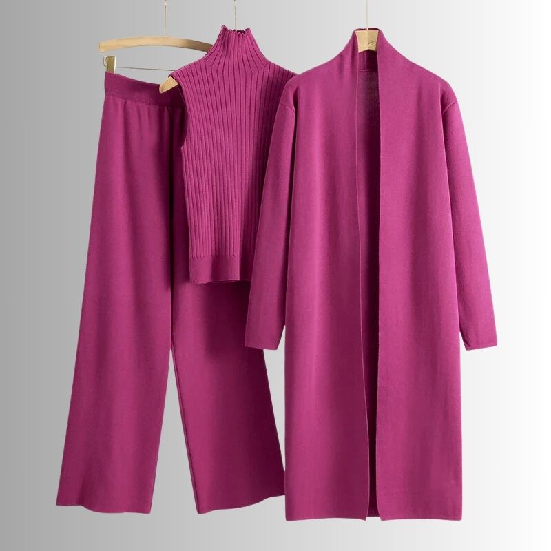 Damen Dreiteiler Set Relaxed Fit Rippoberteil und Weite-Hose mit Jacke
