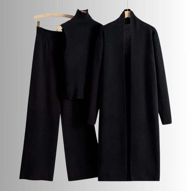 Damen Dreiteiler Set Relaxed Fit Rippoberteil und Weite-Hose mit Jacke