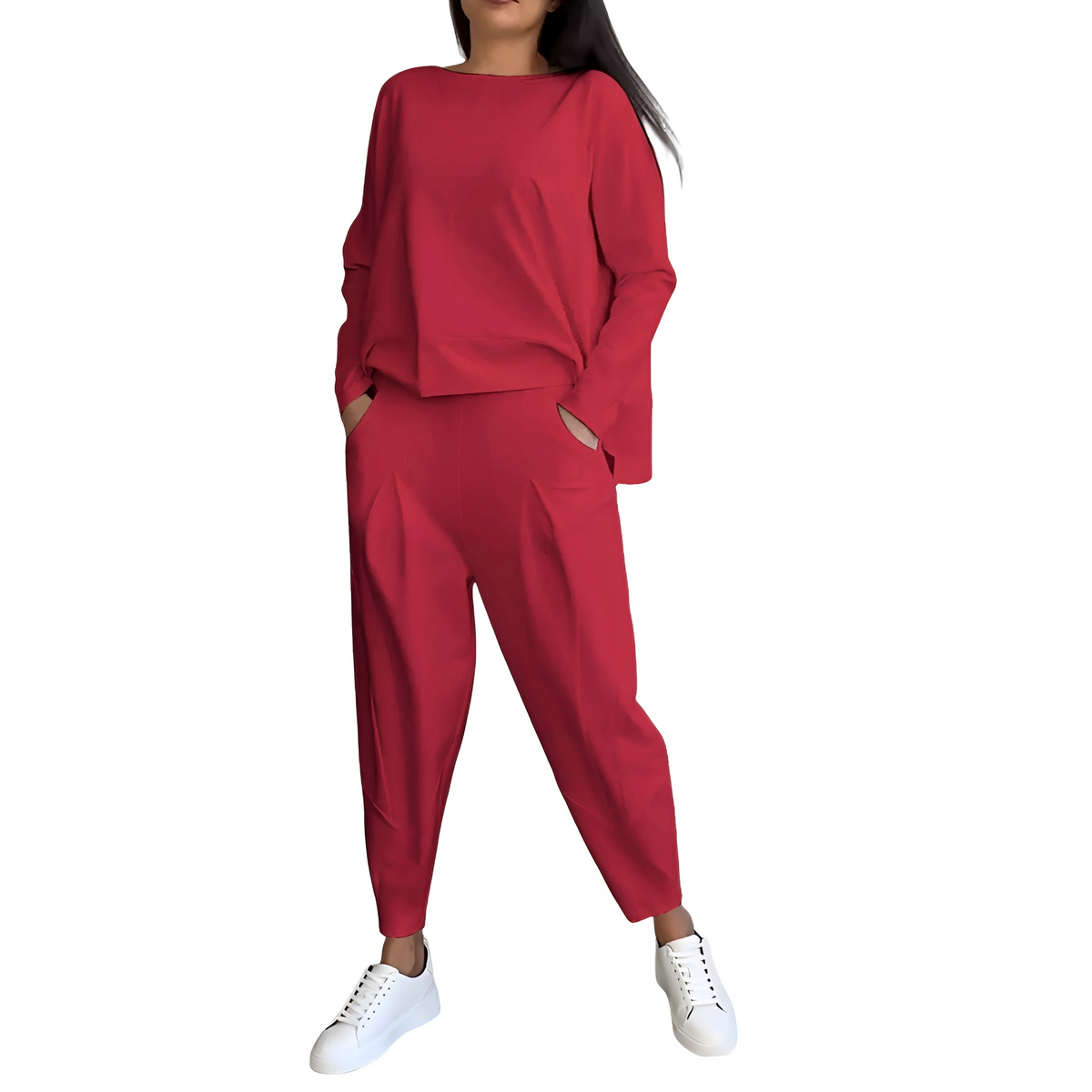 Damen Freizeitset aus langärmligem Oberteil und enganliegendem Hose mit elastischer Taille