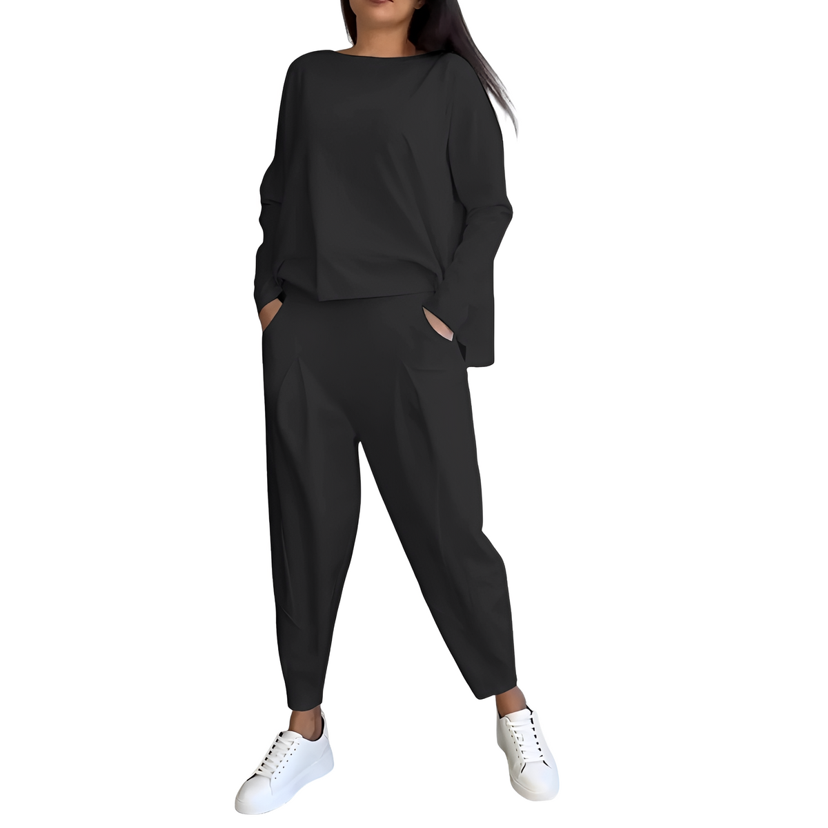 Damen Freizeitset aus langärmligem Oberteil und enganliegendem Hose mit elastischer Taille