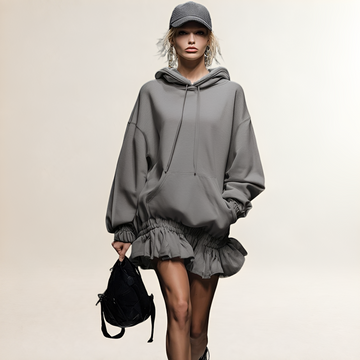 Damen Hoodie Minikleid Oversized Passform Rüschensaum