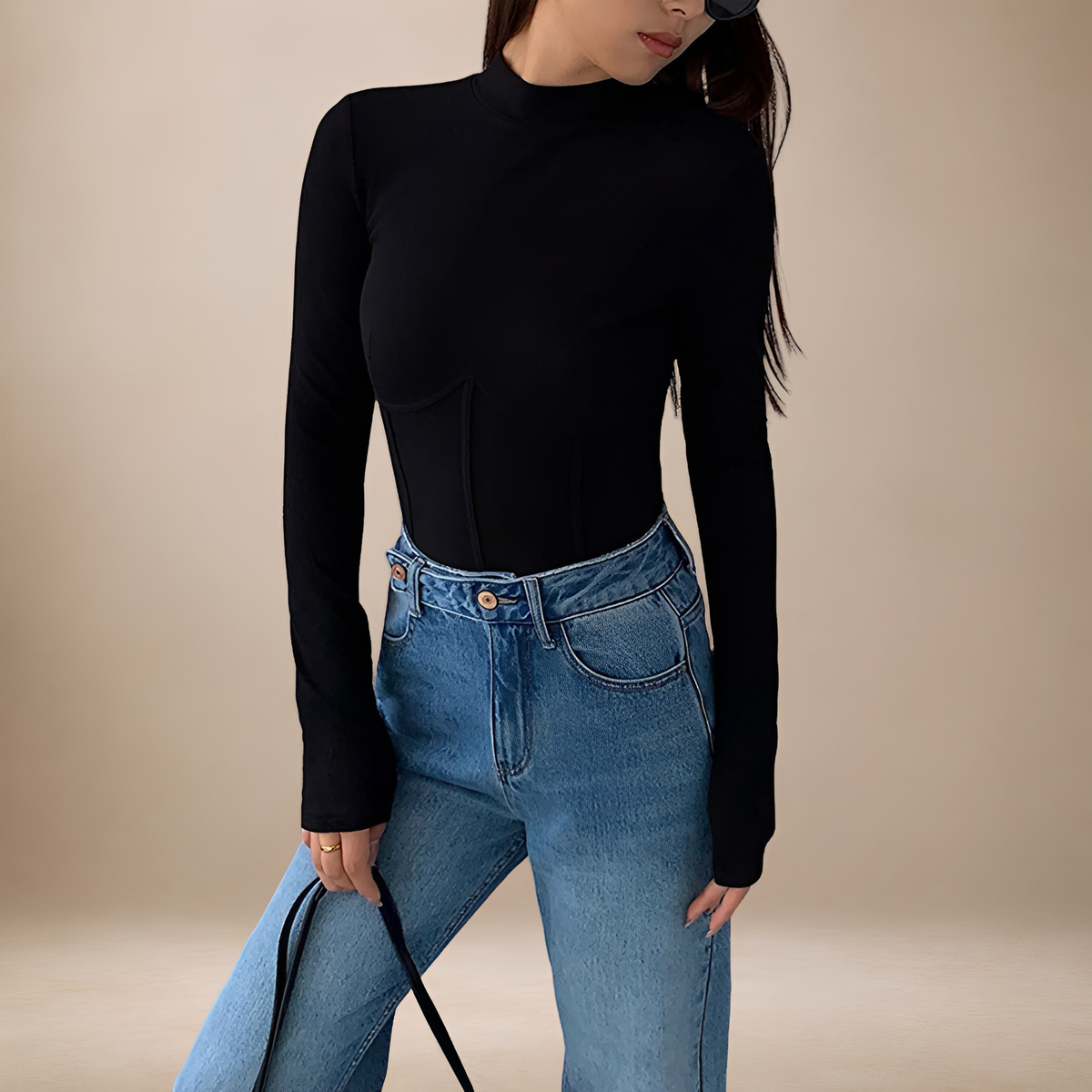 Damen Langarmshirt mit Rollkragen, Korsett-Details, Slim Fit