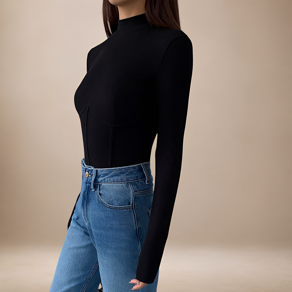 Damen Langarmshirt mit Rollkragen, Korsett-Details, Slim Fit