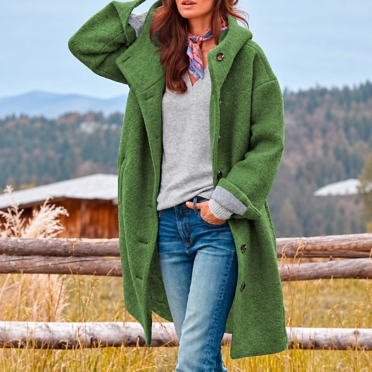 Damen Longcoat mit Kapuze und Knopfverschluss - Relaxed Fit