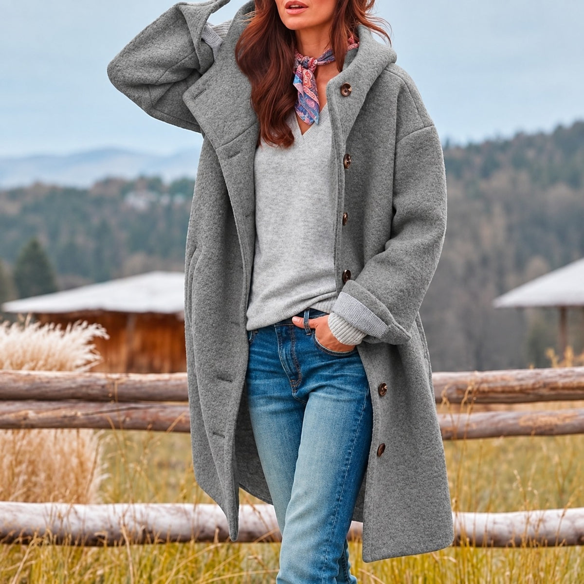 Damen Longcoat mit Kapuze und Knopfverschluss - Relaxed Fit