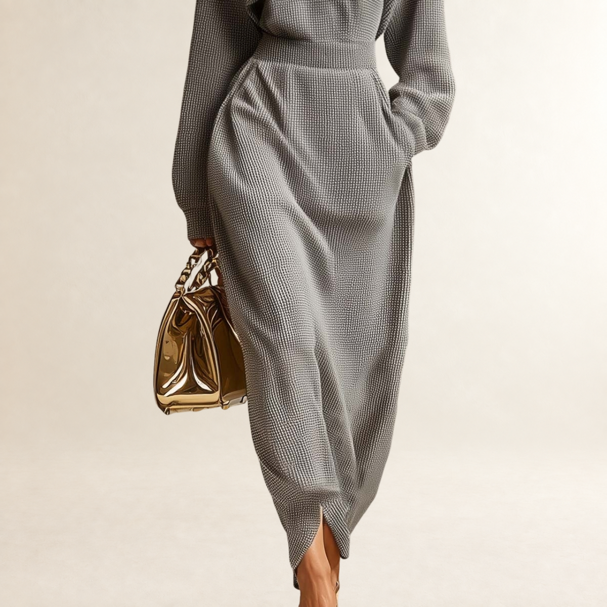 Damen Maxikleid mit Rollkragen, Frontreißverschluss, langärmlig, lockere Passform