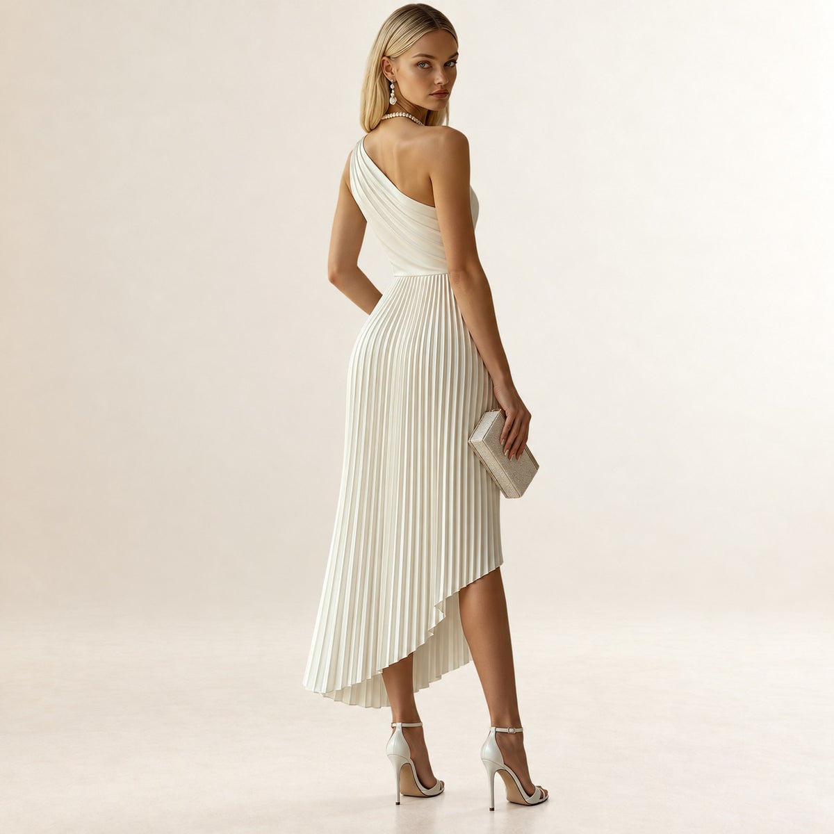 Damen Midikleid Ein- Schulter Faltenrock Hoher Saum