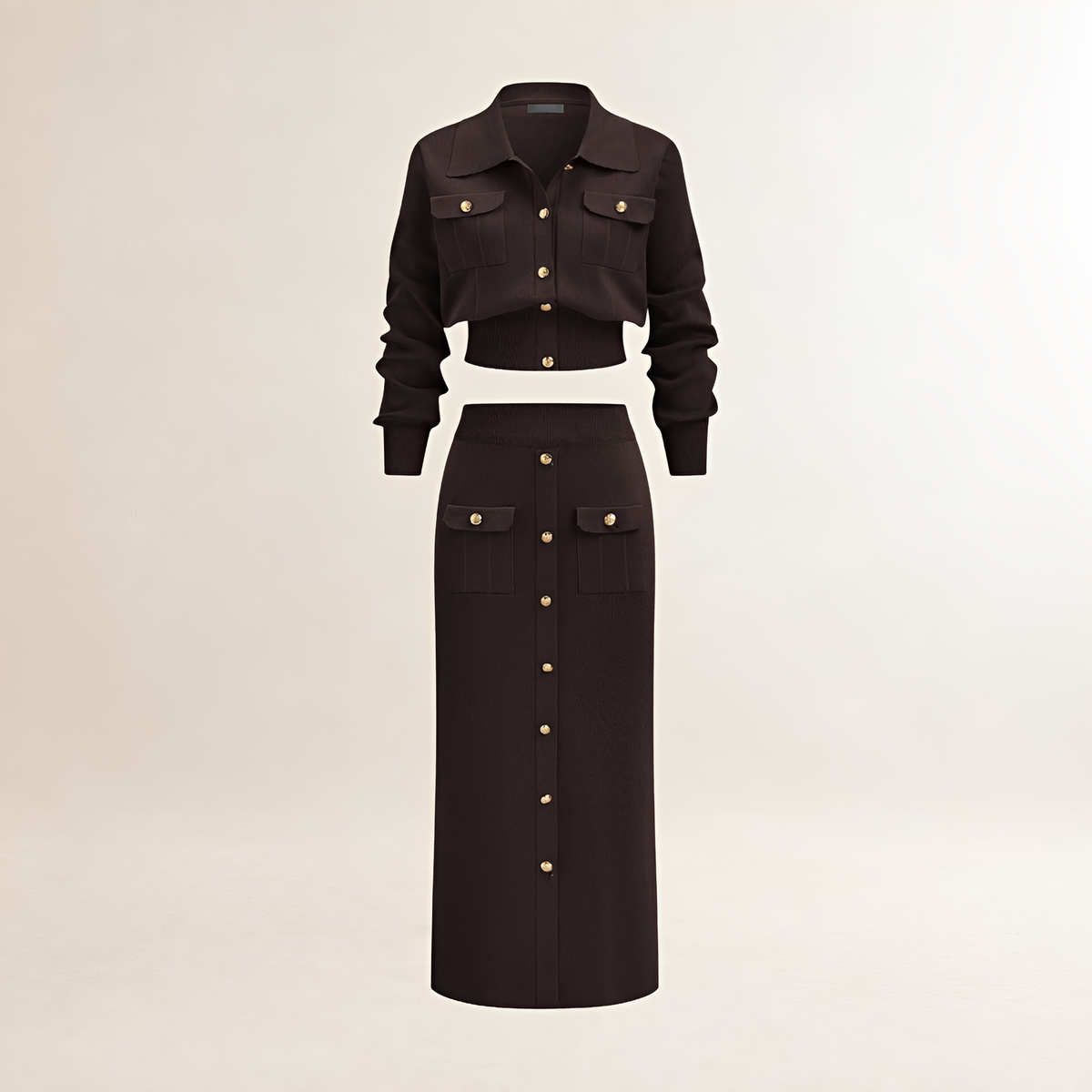 Damen Pullover Co-ord Set Cardigan und Midi-Rock - Regular Fit mit Knopfleiste