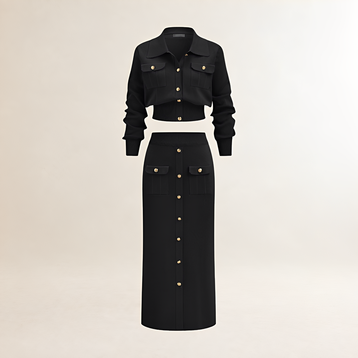 Damen Pullover Co-ord Set Cardigan und Midi-Rock - Regular Fit mit Knopfleiste