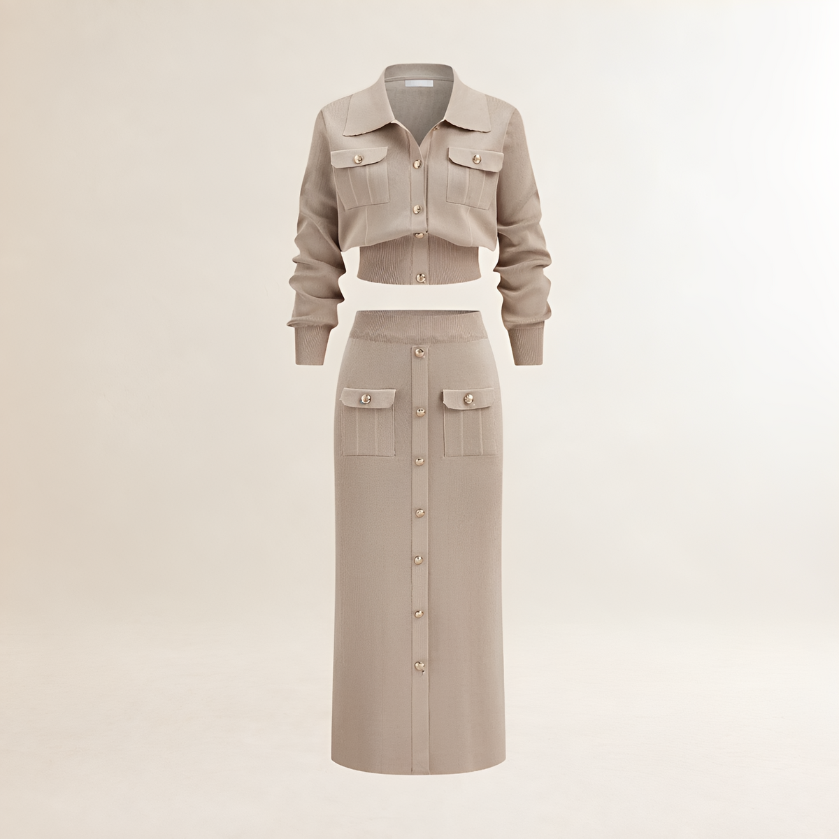 Damen Pullover Co-ord Set Cardigan und Midi-Rock - Regular Fit mit Knopfleiste