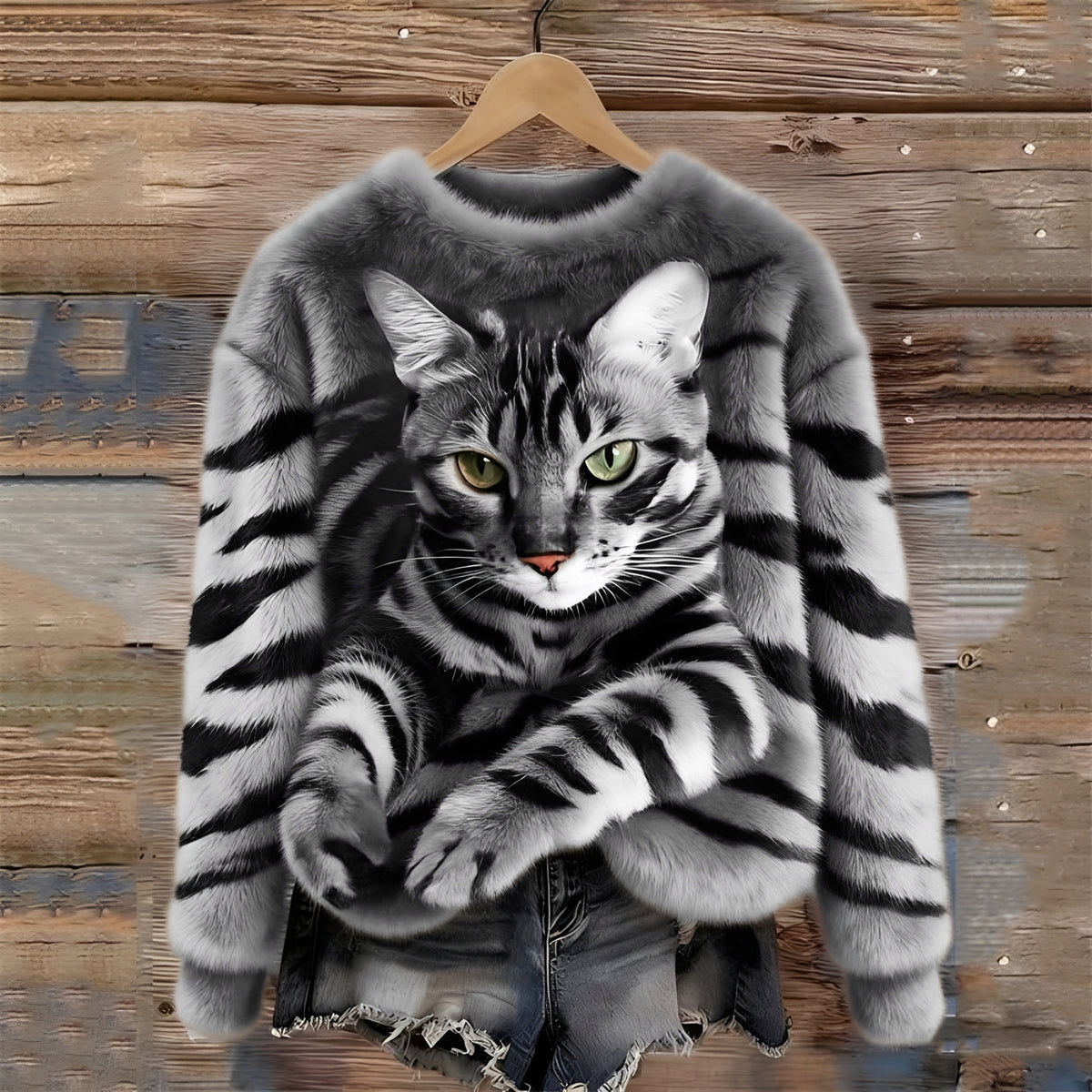 Damen Pullover mit Katzenmotiv und Relaxpassform - Rundhalsausschnitt