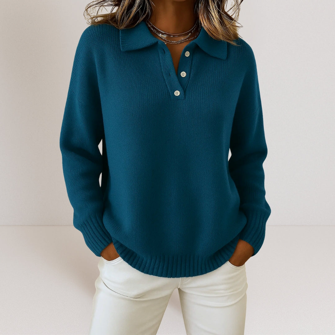 Damen Pullover mit Polokragen und Knopfverschluss - Relaxed Fit