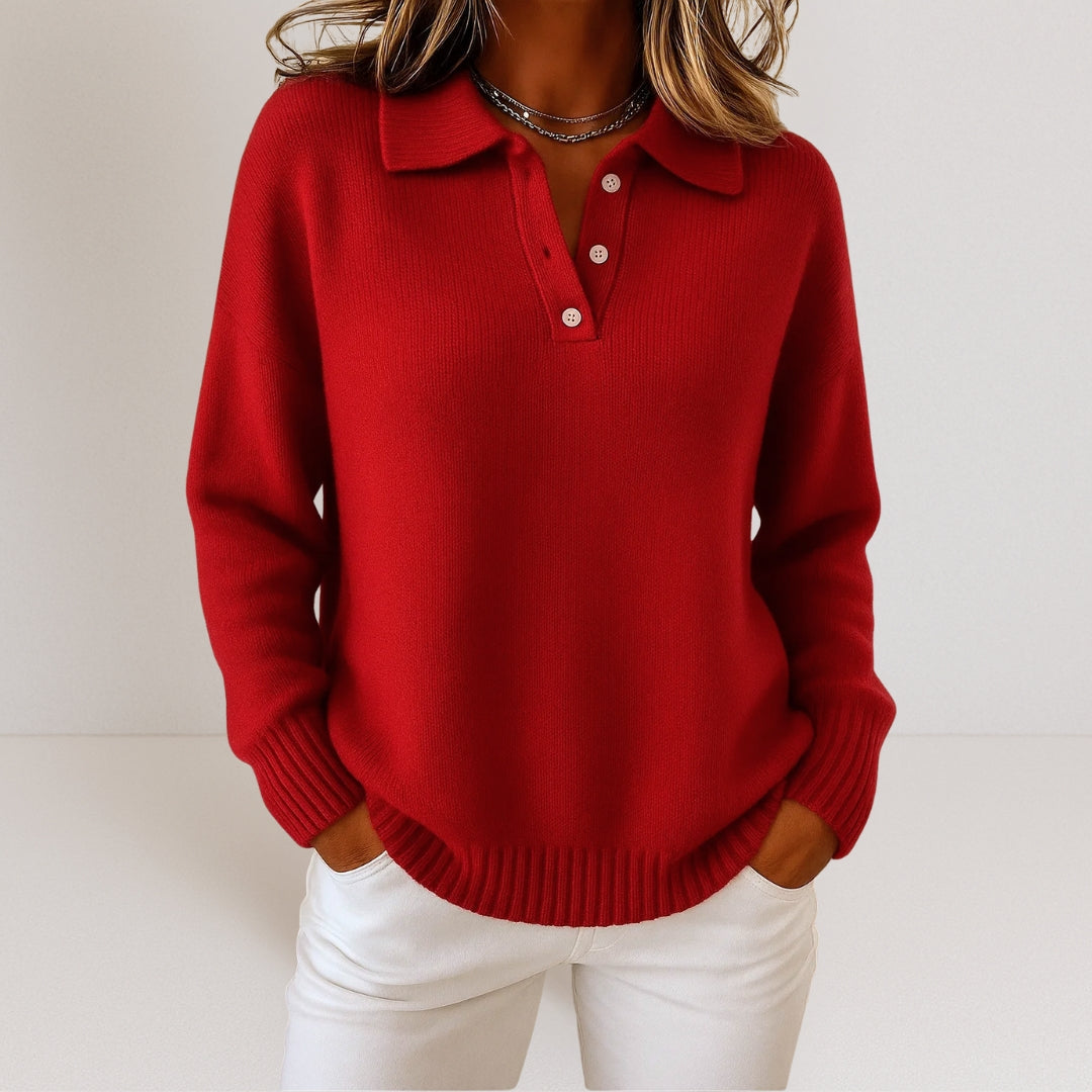 Damen Pullover mit Polokragen und Knopfverschluss - Relaxed Fit