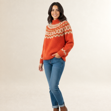 Damen Pullover - Nordischer Muster, Hoher Kragen, Relaxter Schnitt