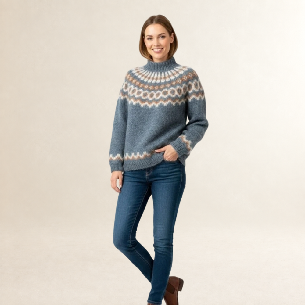 Damen Pullover - Nordischer Muster, Hoher Kragen, Relaxter Schnitt