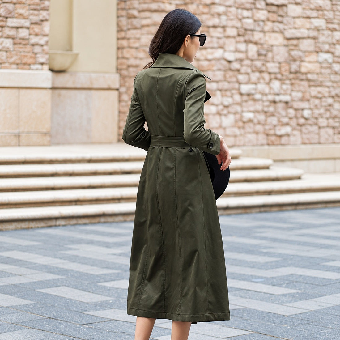 Damen Trenchcoat lang Doppelknopfleiste mit Reverskragen