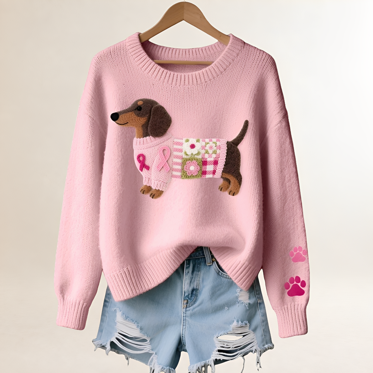 Damentauglicher Pullover mit Dackel-Motiv - V-Ausschnitt, Relaxter Schnitt, Verspieltes Patchwork