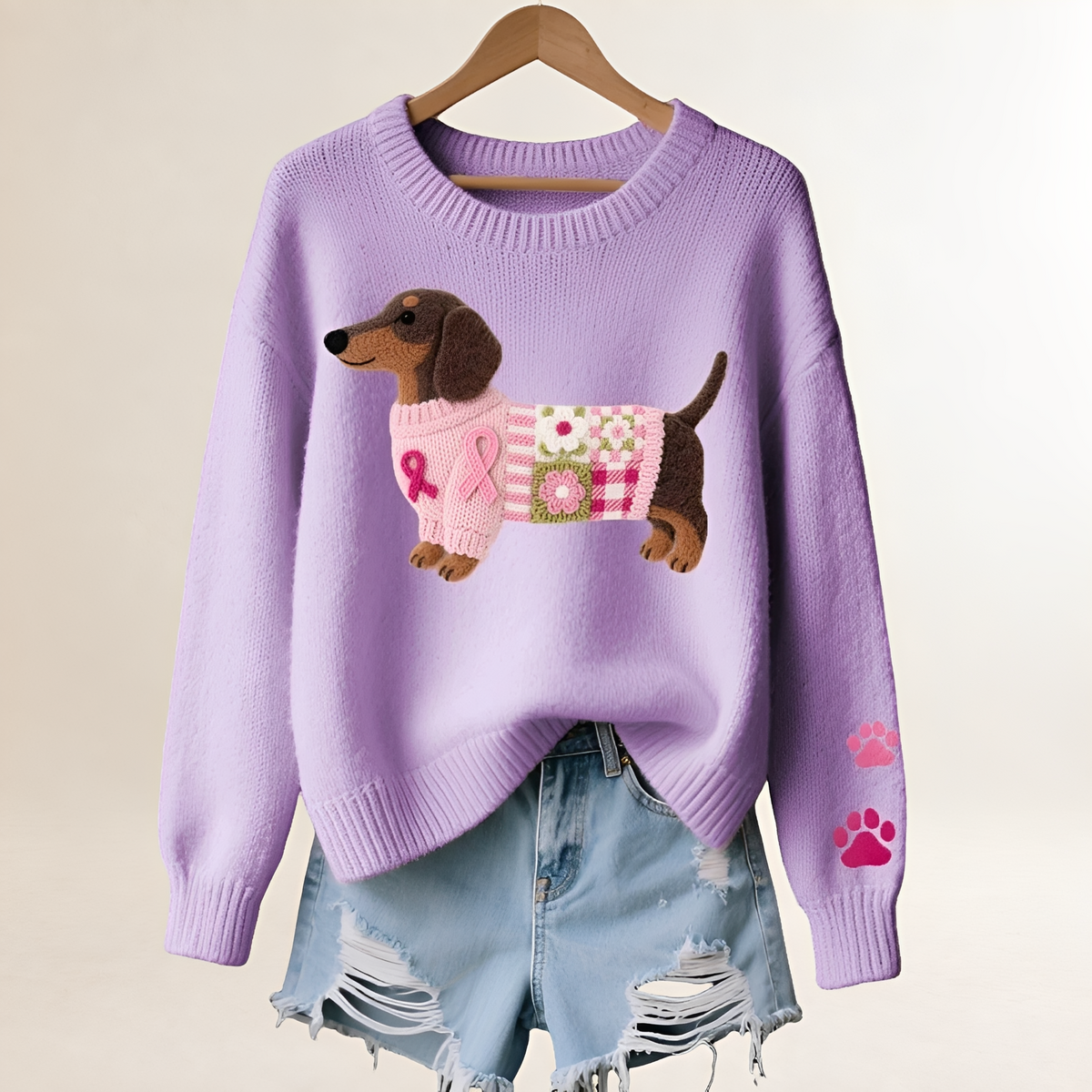 Damentauglicher Pullover mit Dackel-Motiv - V-Ausschnitt, Relaxter Schnitt, Verspieltes Patchwork