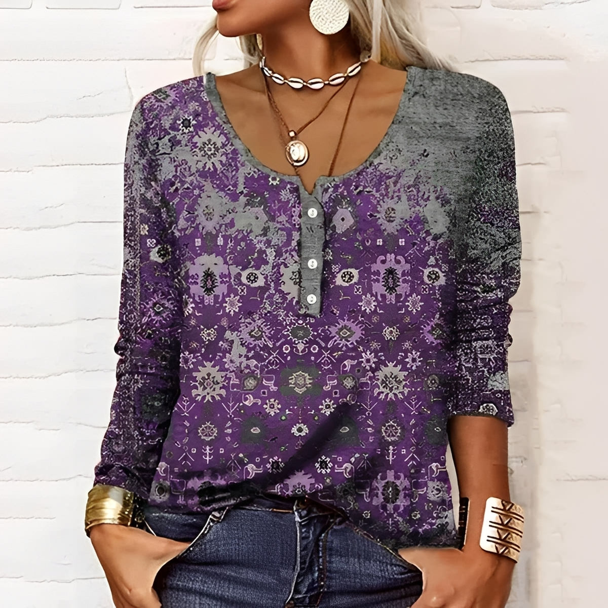 Damentop Langarmshirt mit Knopfleiste und floralem Muster