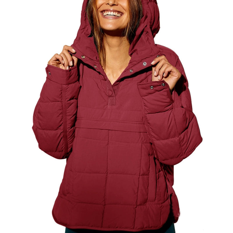 Damentrenchcoat Pullover Pufferjacke mit Kapuze und Knopfleiste