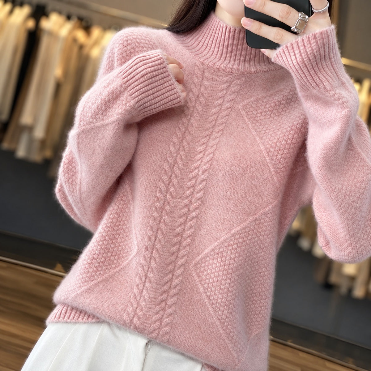 Damenturtleneck-Pullover Texturiertem Design lockerer Schnitt