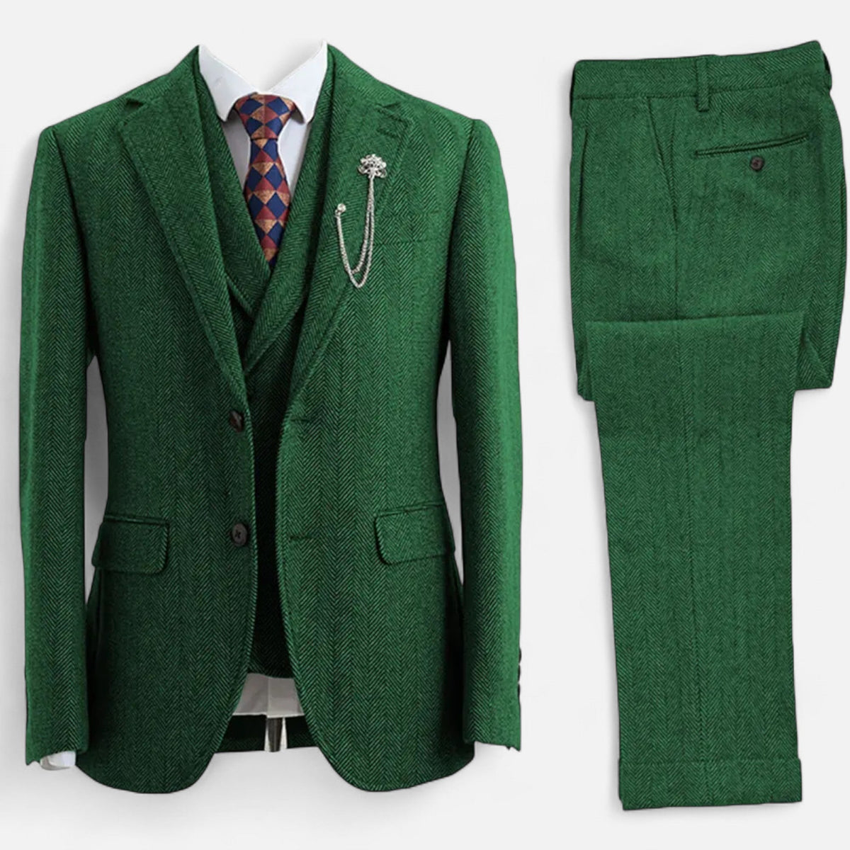Herren Anzug aus Drei Teilen - Doppelreihiger Schnitt, Hahnentritt Muster, Taillierter Schnitt