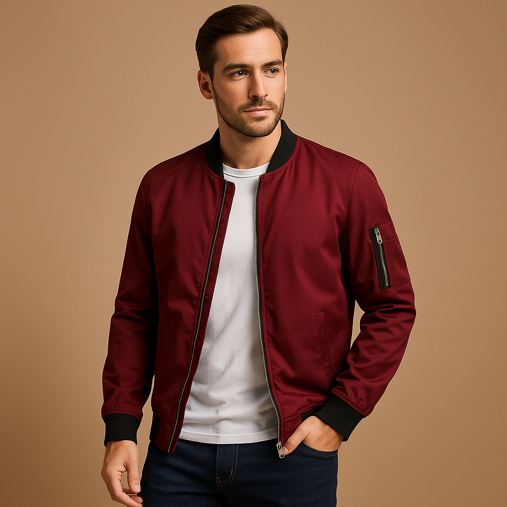 Herren Bomberjacke Mit Reißverschluss, Rippbündchen und Innentasche