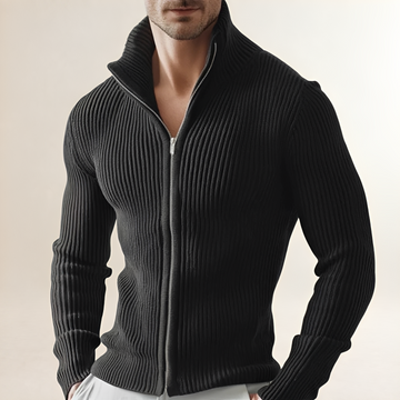 Herren Cardigan mit Reißverschluss und hohem Kragen - Slim Fit, Rippenmuster